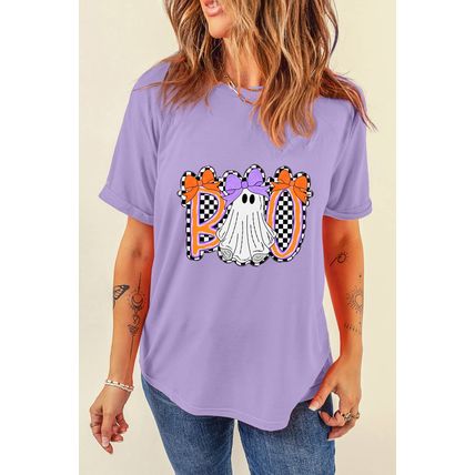 Wisteria Boo Checkered Bow Ghost Halloween Graphic Tee
