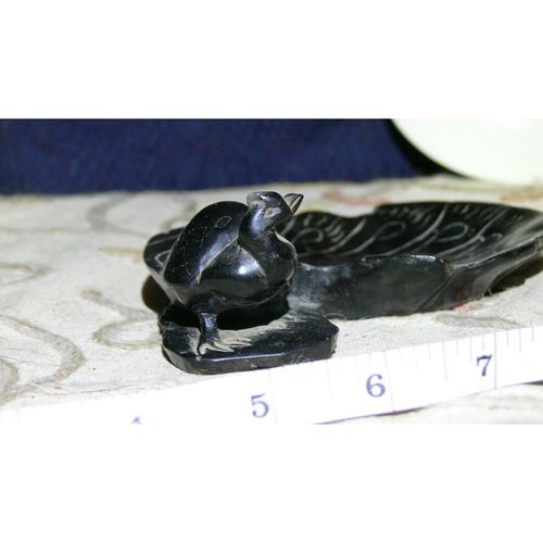Rare Black Alabaster Japanese Peacock Brush Tray or Trinket Dish