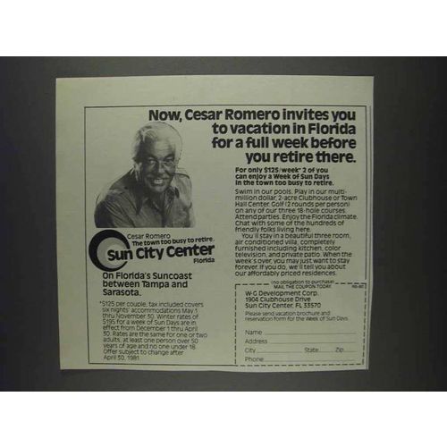 1980 Sun City Center Florida Ad - Cesar Romero