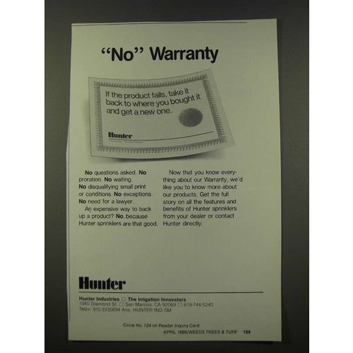 1986 Hunter Sprinklers Ad - No Warranty