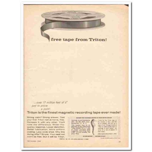 TRITON ELECTRONICS INC 1962 Finest magnetic tape stereo vintage ad