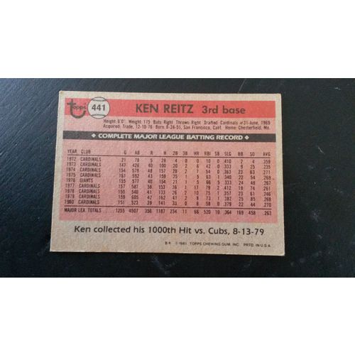 1981 Topps Card # 441 Ken Reitz Poor (1) St Louis Cardinals