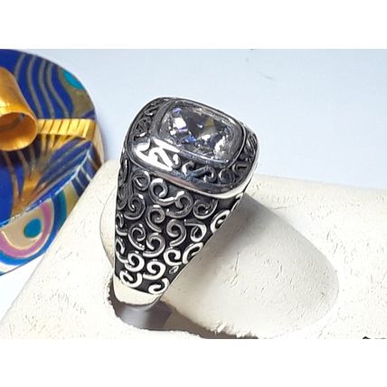 Estate 3.0ct Cushion Cut Bezel Set CZ Sterling Silver black Antiqued Ring #17760