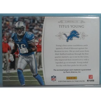 2012 National Treasures TITUS YOUNG (Lions) NFL Gear Dual jersey #33 20/99
