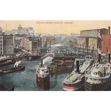 ZAYIX Postcard Steamers Rush Street Bridge Chicago R. Jamestown Expo stamp #328