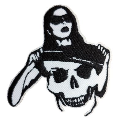 Skelton Iron on Patch Lady Embroidered Sew Biker 7.4cm x 7cm Comedy Comic P406