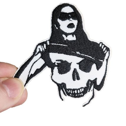 Skelton Iron on Patch Lady Embroidered Sew Biker 7.4cm x 7cm Comedy Comic P406