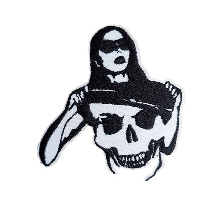 Skelton Iron on Patch Lady Embroidered Sew Biker 7.4cm x 7cm Comedy Comic P406