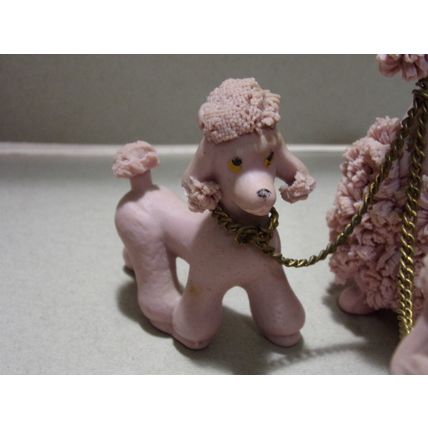Vintage Pink Poodle Family Spaghetti Ceramic Blue Stone Eyes Mom Puppies