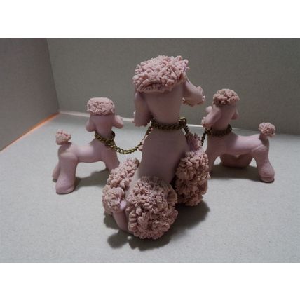 Vintage Pink Poodle Family Spaghetti Ceramic Blue Stone Eyes Mom Puppies