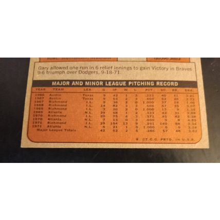 Topps 1972 149 Gary Neibauer Atlanta Braves Pitcher 8.0 Near Mint/Mint Condition