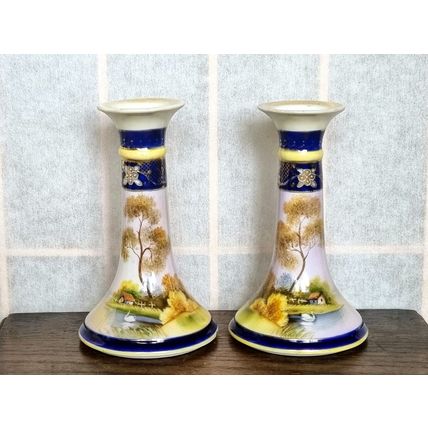 Pair of Candle Stick Holders, Noritake China, 1930s Japanese Porcelain Swan Lake