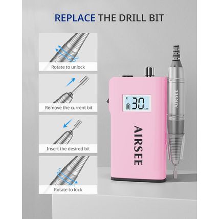 AIRSEE Rechargeable 30000RPM Electric Nail Drill Professional Portable E File Ma