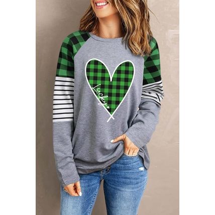 Green Lucky Plaid Heart Striped Color Block Long Sleeve Top