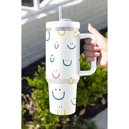 White Smiling Face Print Handle Vacuum Cup 1200ml