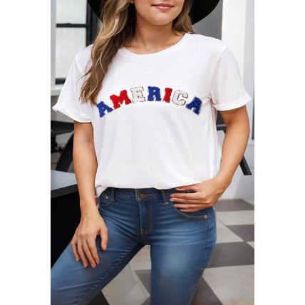 White AMERICA Chenille Embroidered Plus Size T Shirt