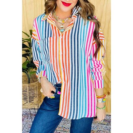 Orange Stripe Multicolor Drop Shoulder Loose Shirt