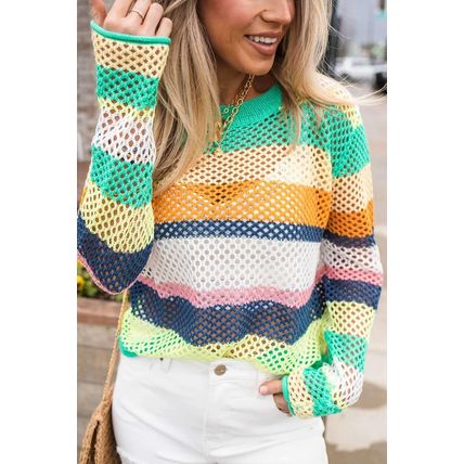 Green Colorblock Patchwork Knit Crochet Eyelet Sweater