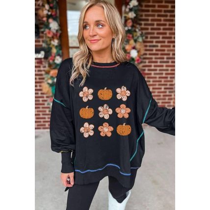 Black Floral Pumpkin Graphic Split Lantern Sleeve Seamed Sweatshirt