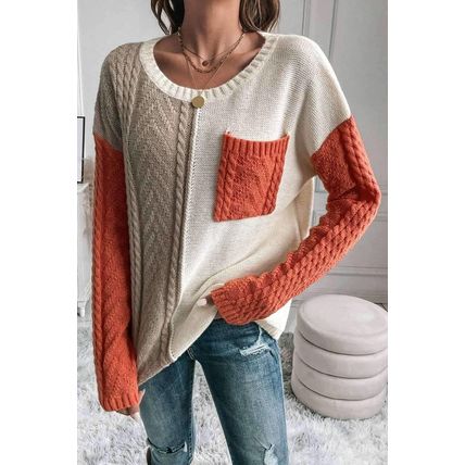 Gold Flame Colorblock Patched Pocket Drop Shoulder Sweater