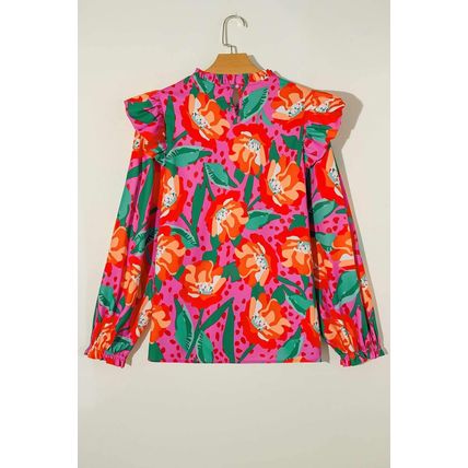 Rose Floral Print Pleated Ruffled O Neck Plus Size Blouse