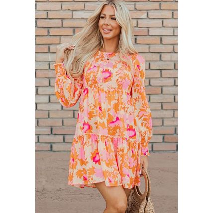 Orange Abstract Print Smocked Lantern Sleeve Ruffle Mini Dress