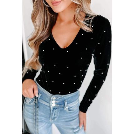 Black Velvet Beaded Long Sleeve V Neck Bodysuit