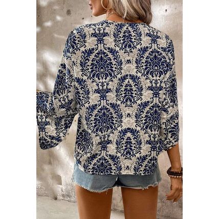 Blue Vintage Flower Tree Quarter Sleeve V Neck Blouse