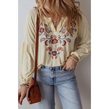 Apricot Paisley Floral Embroidered Notch V Neck Blouse
