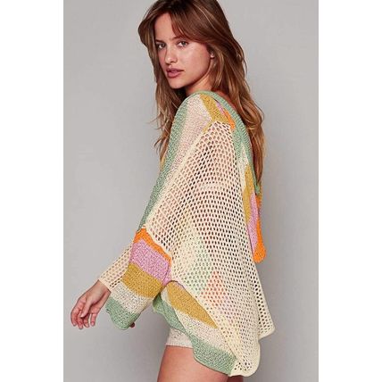 Beige Pointelle Knit Colorblock Patchwork V Neck Hooded Plus Sweater