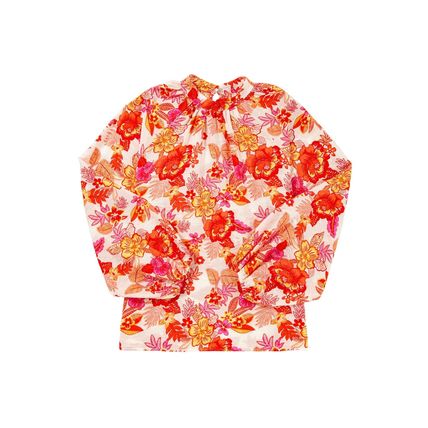 Orange Floral Print Pearl Button Keyhole Long Puff Sleeve Blouse