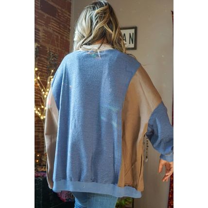 Sky Blue Ribbed Detail Color Block Sleeve Baggy Sweatshirt