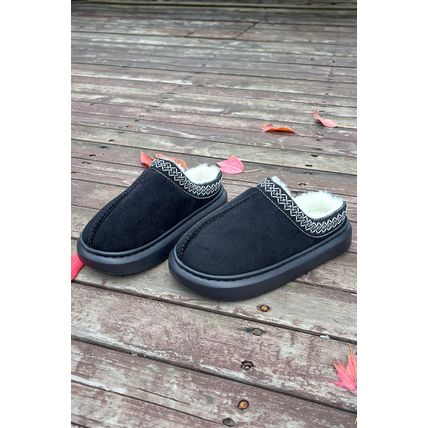 Black Contrast Edge Suede Plush Lined Thick Sole Winter Slippers