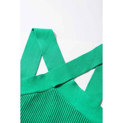 Dark Green Ribbed Criss Cross Halter Neck Sheath Sweater Tank Top