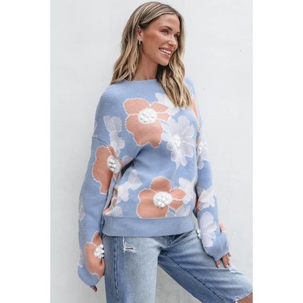 Beau Blue Floral O Neck Drop Shoulder Knitted Sweater
