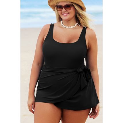 Black Solid Color Square Neck Knotted Plus Size One Piece Swimsuit