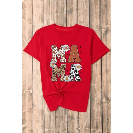 Red Western Animal Spots MAMA Letter Daisy Flower Printed Tee
