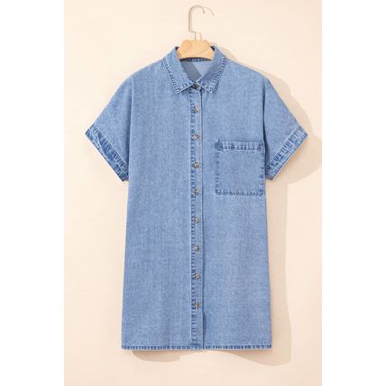 Dusk Blue Short Sleeve Pocketed Button up Denim Tunic Dress