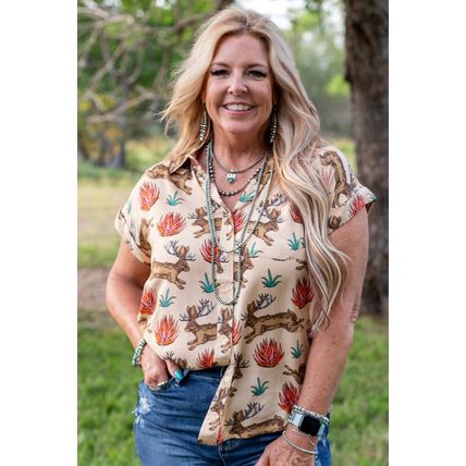 Khaki Plus Size Western Pattern Print Buttoned Short Sleeve Shirt