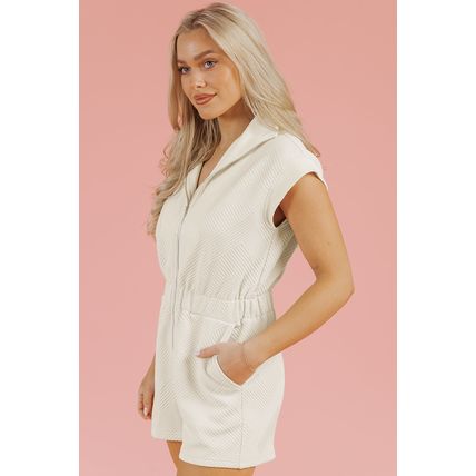 Jet Stream Textured Zipped Front V Neck Collared Casual Romper