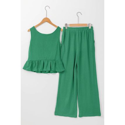 Green Solid Color Ribbed Ruffle Tank Top and Pants Set