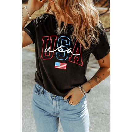 Black USA Letter American Flag Print Casual T Shirt