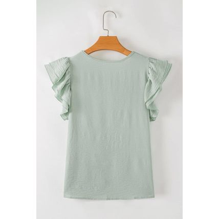 Clearly Aqua Solid Color Ruffled Short Sleeve Casual Blouse
