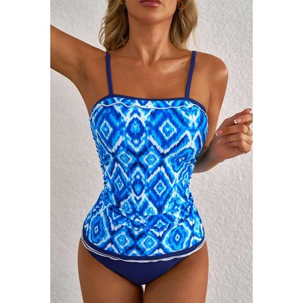 Navy Blue Abstract Print Frilled Trim Spaghetti Straps Tankini Set