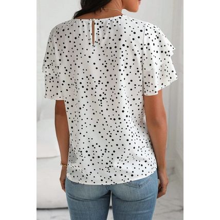 White Dalmatian Print Layered Ruffled Short Sleeve Blouse