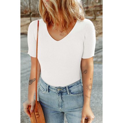 White V Neck Ribbed Knit Lightweight Short Sleeve Sweater