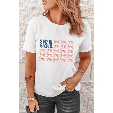 White USA Flag Bow Knot Print Round Neck T Shirt