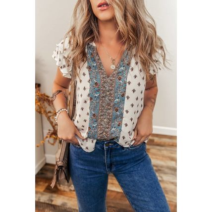 White Boho Pattern Tiered Ruffled Sleeve V Neck Buttoned Blouse