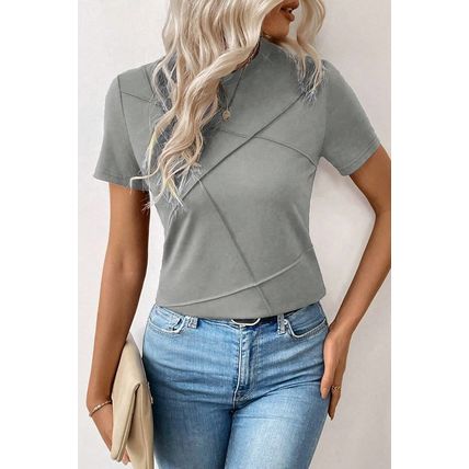 Medium Grey Solid Color Toothpick Stripe Round Neck T Shirt