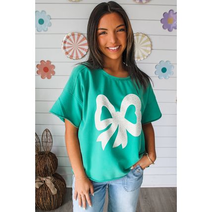 Sea Green Lace Bow Raw Edge Drop Shoulder Casual T Shirt
